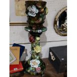 A Majolica Glazed Pottery Floral Encrusted Jadiniere & Pedestal, 32" High (AF)
