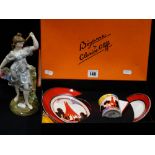 A Boxed Wedgwood Clarice Cliff Bizarre Coffee Trio Together With A 19th Century Porcelain Figure