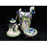 Three Contemporary Decorative Vases & Pots With Floral & Blue Bird Decoration