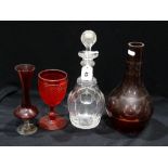 A Narrow Necked Victorian Decanter Together With Four Ruby Tinted Glass Pieces