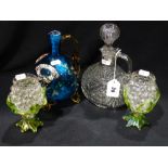 A Blue Glass Claret Jug, Together With A Further Claret Jug & Pair Of Vases