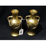 A Pair Of Circular Based Chinese Bronze, Two Handled Vases, 7" High