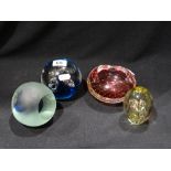 Three 20th Century Glass Paperweights, Together With A Circular Bubble Glass Bowl