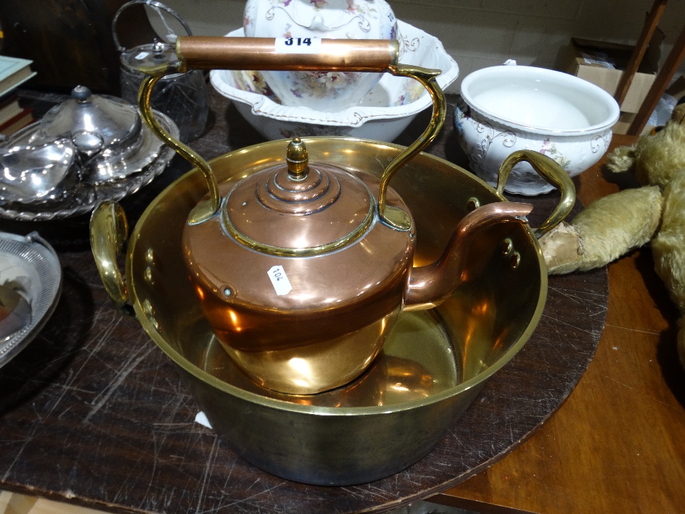 An Antique Brass Preserve Pan, Together With An Antique Copper Kettle