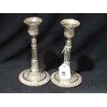 A Pair Of Walker & Hall Circular Based Silver Plated, Column Candlesticks, Numbered 11108a, 7.5"