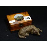 A Burr Wood Patch Box with View Of The Crystal Palace Exhibition Together with A Cast Metal Model Of