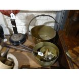 An Antique Brass Preserve Pan Together With 2 Saucepans Etc