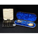 A Cased Set Of 6 Silver Cake Forks Together with A Cased Pair Of Plated Berry Spoons