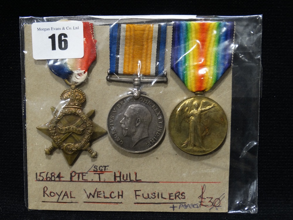 A 1st World War Trio Of 14-15 Star War & Victory Medals To 15684 Pte T. Hull, Royal Welsh Fusiliers,