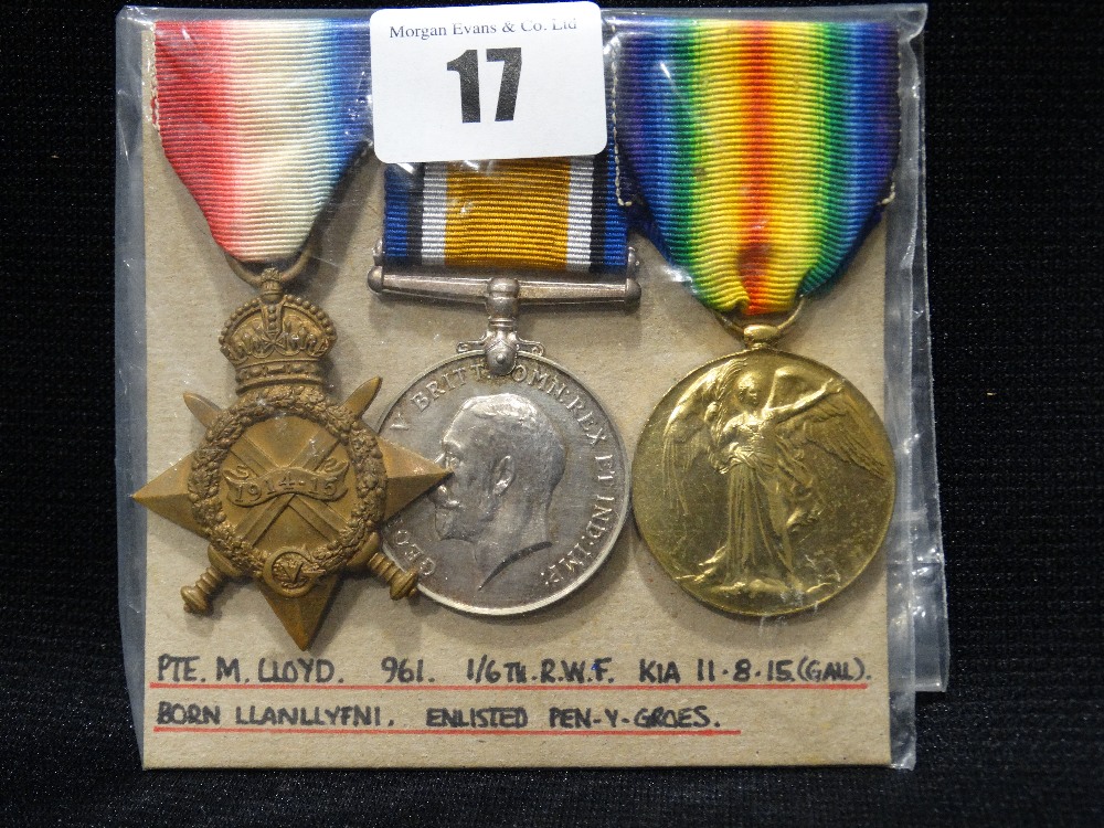 A 1st World War Trio Of 14-15 Star War & Victory Medals to Pte M. Lloyd 961 Royal Welsh Fusiliers,