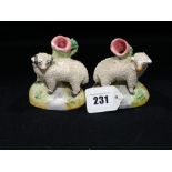 A Pair of Staffordshire Pottery Ram And Ewe Miniature Spill Holder Groups 4 Inches High