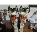 A Pair of Edwardian Two Handled Vases Together with A Pair Of Oriental Vases Etc