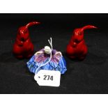 Two Royal Doulton Flambé' Model Rabbits Together with A Royal Doulton Figure HN 12 (Af)