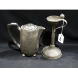 A 4 footed Tudric Pewter Coffee Pot, No 01536 Together with A Circular Based Pewter Lamp Holder