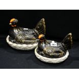 2 Black and Gilt Decorated Staffordshire Pottery Hens on Nests