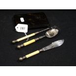 A Victorian Preserve Spoon, Butter Knife, Pickle Fork Set Together With A Tortoise Shell Cigarette