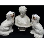 A Pair of Staffordshire Pottery White Seated Dogs Together With A Parian Ware Bust