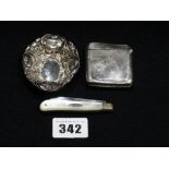 A Silver Vesta Case Together With A Silver Bladed Fruit Knife and Pin Dish
