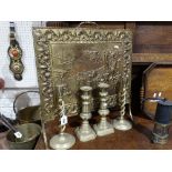 Two Pairs of Brass Candle Holders Together with a Firescreen