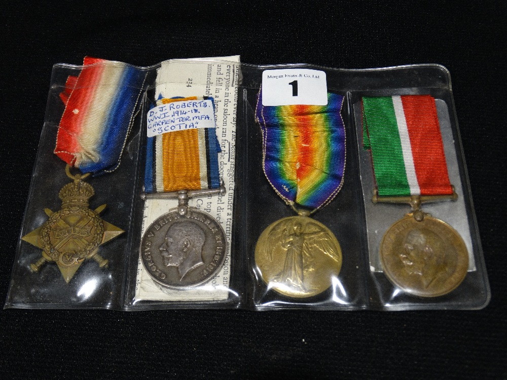 A Group of Four 1st World War, Service Medals, 1914-15 Star, British War Medal, Mercantile Marine