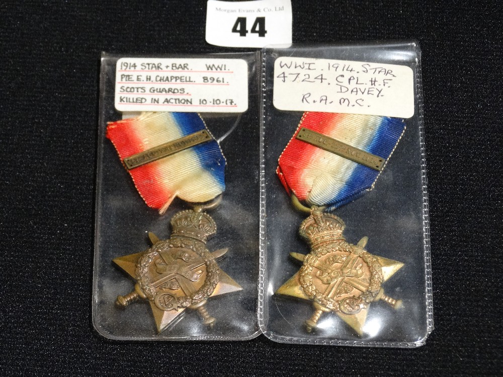 Two 1914 Stars Each with Bar, to 4724 H.F Davey R.A.M.C. & Pte E.H Chappell 8961 Scots Guards,