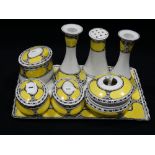 A Continental China Yellow & Black Transfer Decorated Dressing Table Tray & Containers