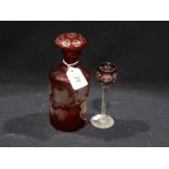 An Etched Ruby Tinted Liquor Decanter, Together With A Similar Single Glass