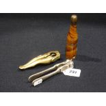 A Pair Of Brass Novelty Nut Crackers, Together With A Further Nut Cracker & Corkscrew