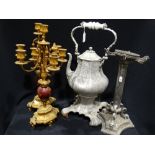 A Pair Of Gilt Metal Candelabrum, Together With A Britannia Metal Spirit Kettle On Stand Etc