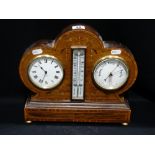 An Edwardian Period Mahogany & Inlaid Mantel Clock, Having Barometer & Thermometer Dials, Retailed
