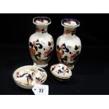 A Pair Of Masons Ironstone Mandalay Pattern Vases, Together With Three Candle Snuffers & Two Other