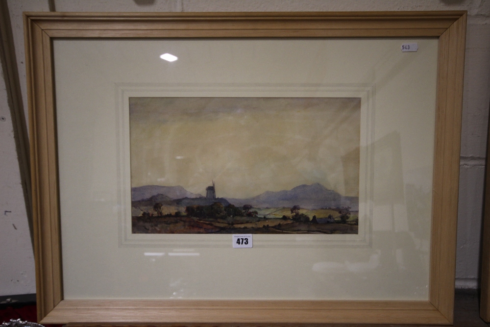 Harry Hughes Williams, Watercolour, Panoramic Landscape View With Windmill, Possibly Gaerwen,