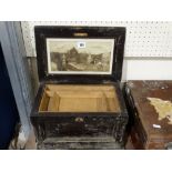 An Antique Pine Sewing Box, The Lid Having A Glass Interior With Print Of A Country House Garden