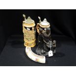 Two German Pottery Stein With Musical Movements, Together With A Poole Pottery Posy Log Etc