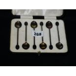 A Cased Set Of Six Silver Coffee Bean Top Coffee Spoons
