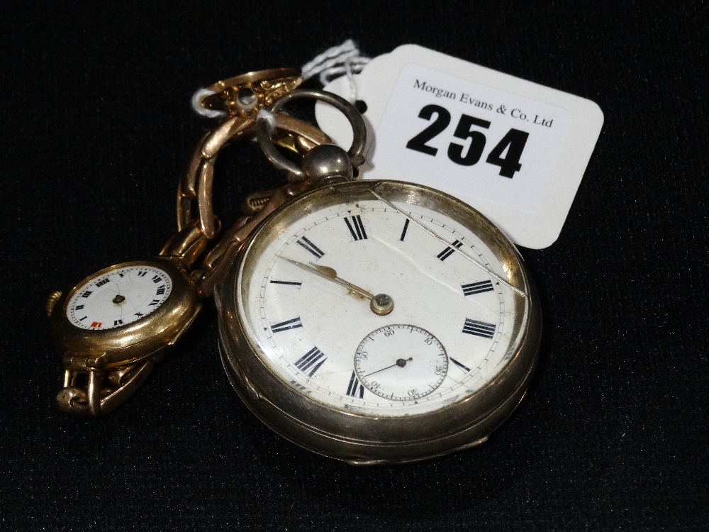 A Silver Encased Gents Pocket Watch, Together With A Scrap Gold Ladies Wrist Watch & Ring