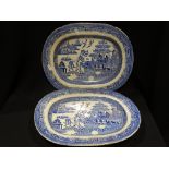 Four Willow Patterned Pottery Meat Plates