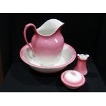 A Six Piece Pink Tinted Pottery Wash Jug & Basin Set