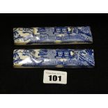 A Rare Pair Of 19th Century Blue & White Transfer Decorated Knife Rests, Willow Pattern