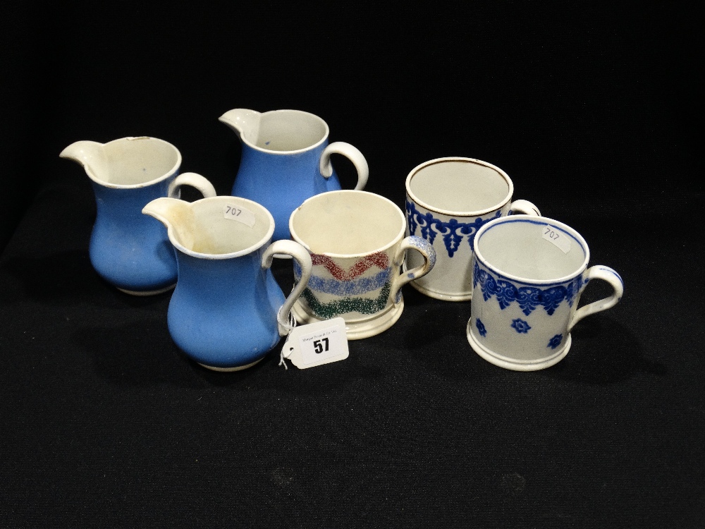 Four Spongeware Decorated Staffordshire Pottery Mugs, Together With Three Similar Jugs