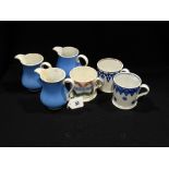 Four Spongeware Decorated Staffordshire Pottery Mugs, Together With Three Similar Jugs