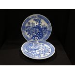 A Pair Of Oriental Blue & White Circular Plates, Decorated With Exotic Birds In Blossom, 12" Dia