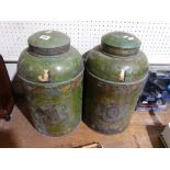 A Pair Of 19th Century Tin Tea Cannisters & Covers With Vine Leaf Bands & Royal Crest, 18" High