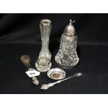 A Silver Topped Glass Sugar Shaker, Together With A Glass Rose Vase With Silver Collar Etc