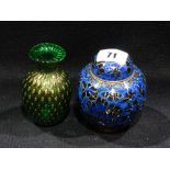 A Small Blue Cloisonne Jar, Together With A Green Gold Fleck Glass Vase