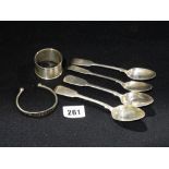 Four Silver Tea Spoons, Together With A Silver Serviette Ring & Bangle