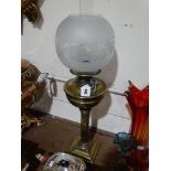 A Square Based Brass Column Oil Lamp With Etched Glass Shade