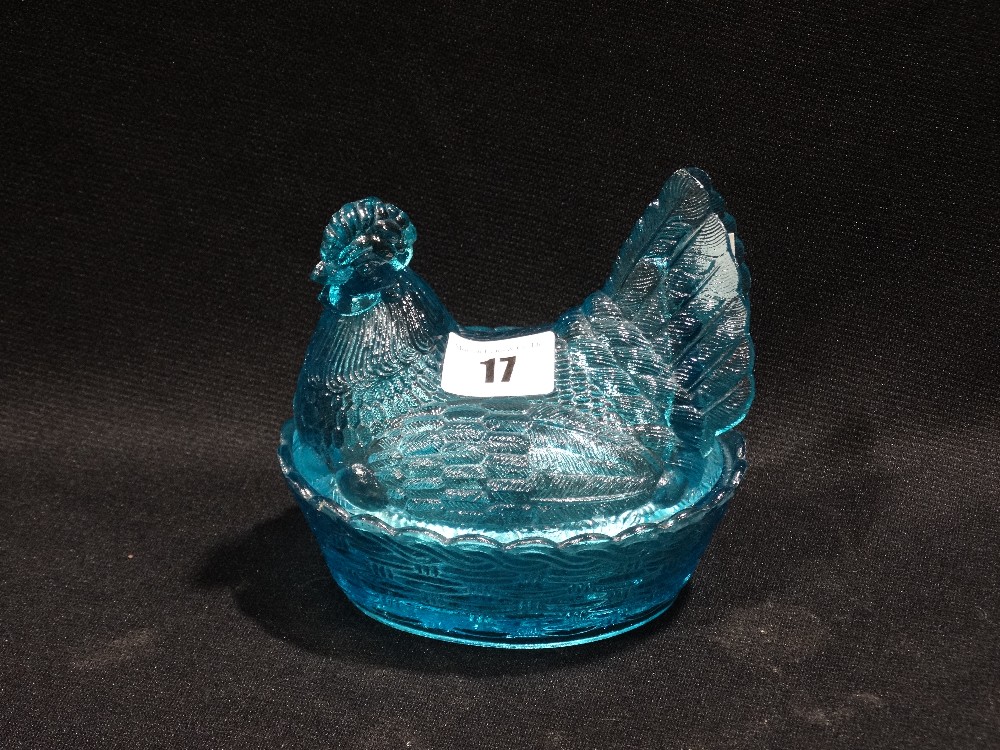 A Blue Moulded Glass Hen On Nest, 5" Across