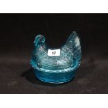 A Blue Moulded Glass Hen On Nest, 5" Across