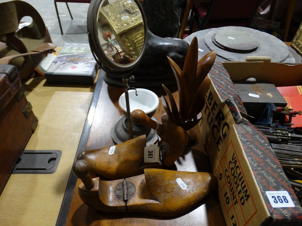 A Pair Of Vintage Wooden Shoe Stretchers, Together With A Shaving Mirror Etc